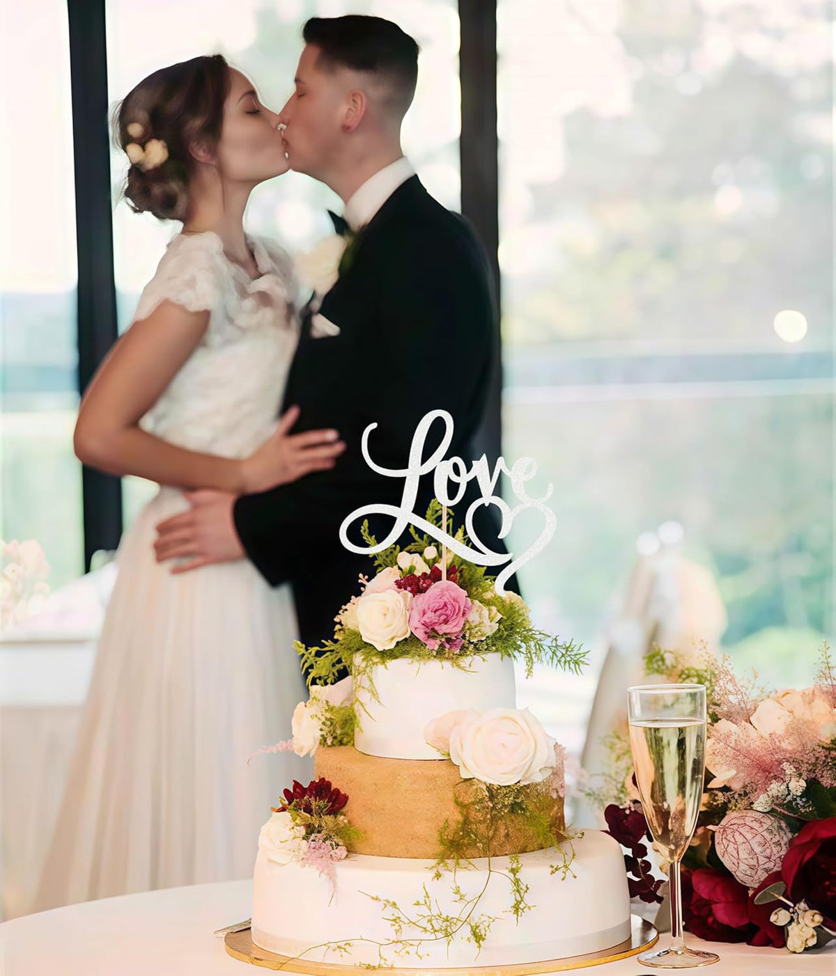 Love Cake Topper - Silver Glitter Paper Wedding Cake Decoration Supplies, Perfect for Bridal