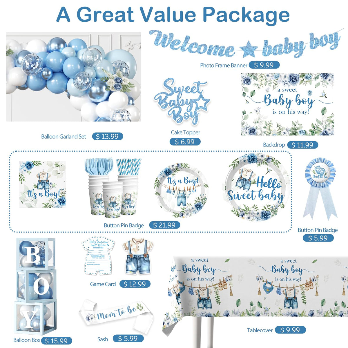 cocomigo Blue Boy Baby Shower Decorations, All-in-One Set for 20 Guests