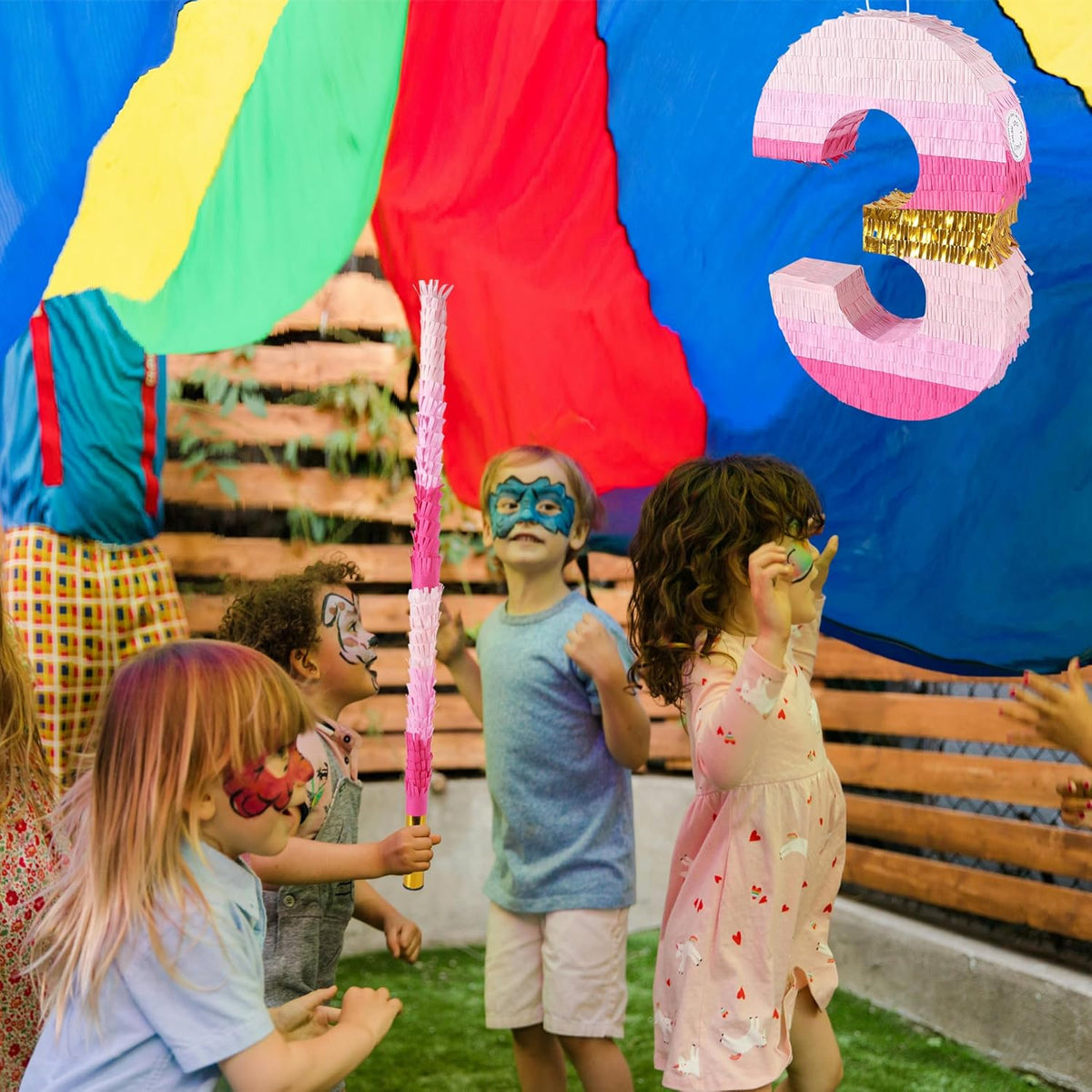 PCFING 20 Inch Number 3 Piñata Pink Gold with 30 Inch Piñata Stick Blindfold Confetti for Boys