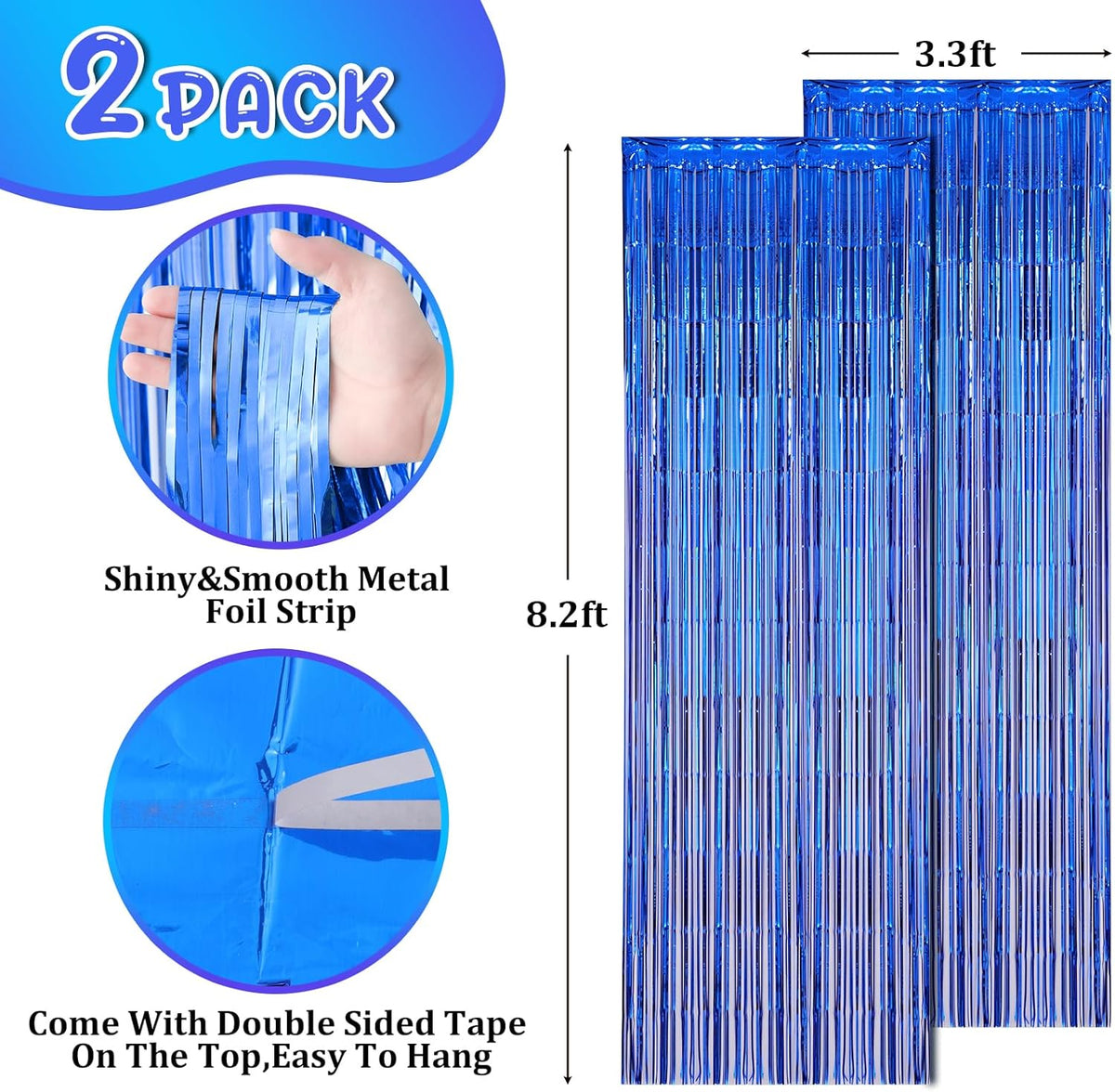 2 Pack Blue Foil Fringe Backdrop Curtains, Tinsel Streamers Birthday Party Decorations, Fringe