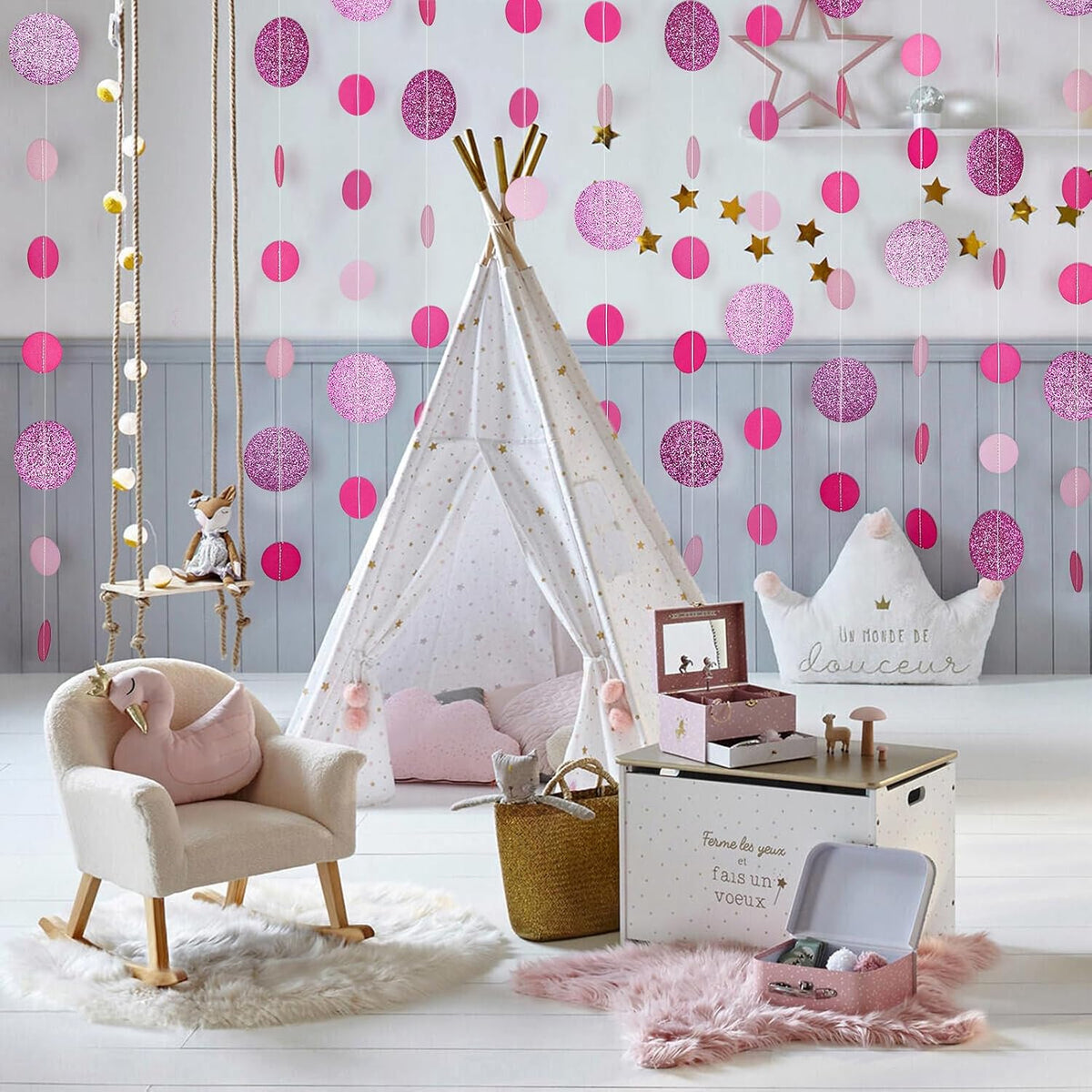 8 Pack Pink Glitter Dot Garland, Hanging Circle Streamers Banner, Backdrop Hanging Decorations for