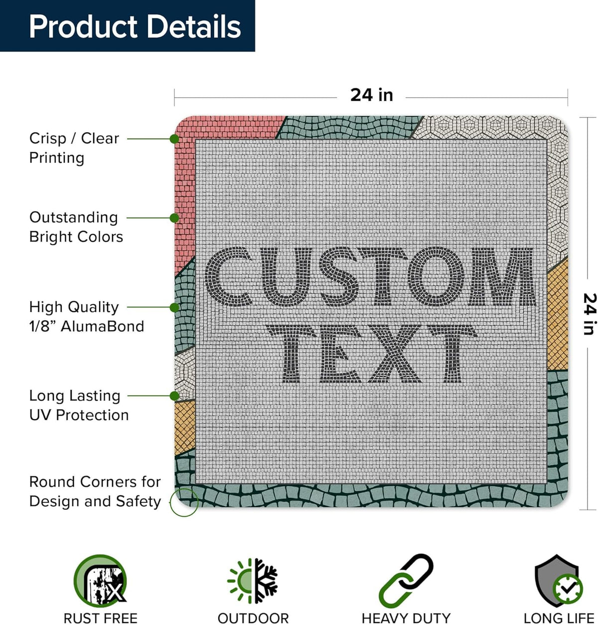 Custom Sign, Custom Street Sign, 11 Font Colors, 13 Font Styles, 4 Hole Options, 22 Sizes, 24x24
