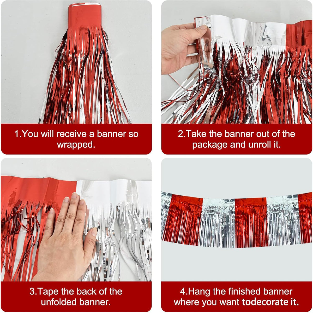 BEISHIDA 3 Packs Red Silver Metallic Foil Fringe Garland Red Silver Wall Hanging Tinsel Fringe