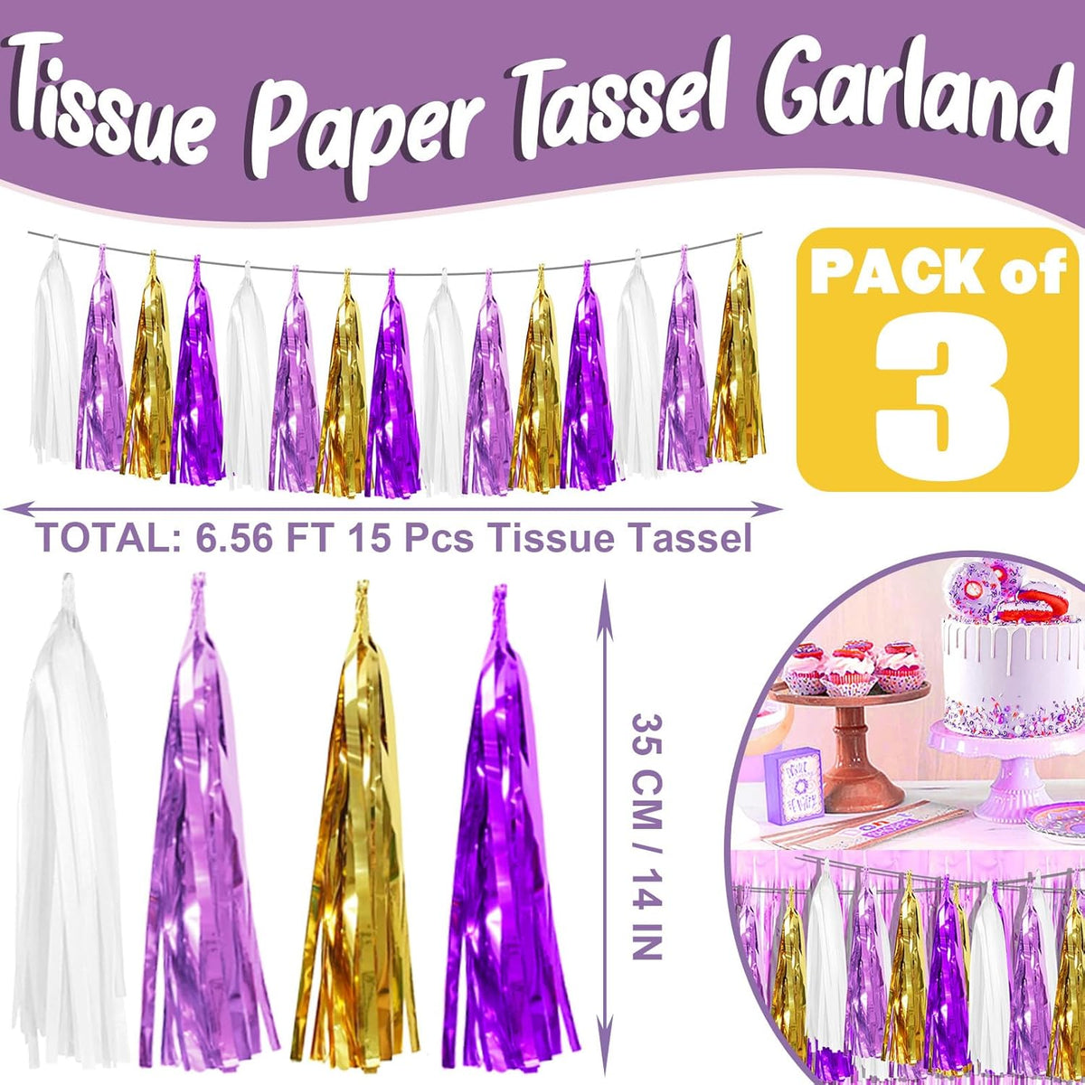 3P Purple-Gold Party Decoration Tassel Garland, Tassels Banner Streamers for Parade Floats