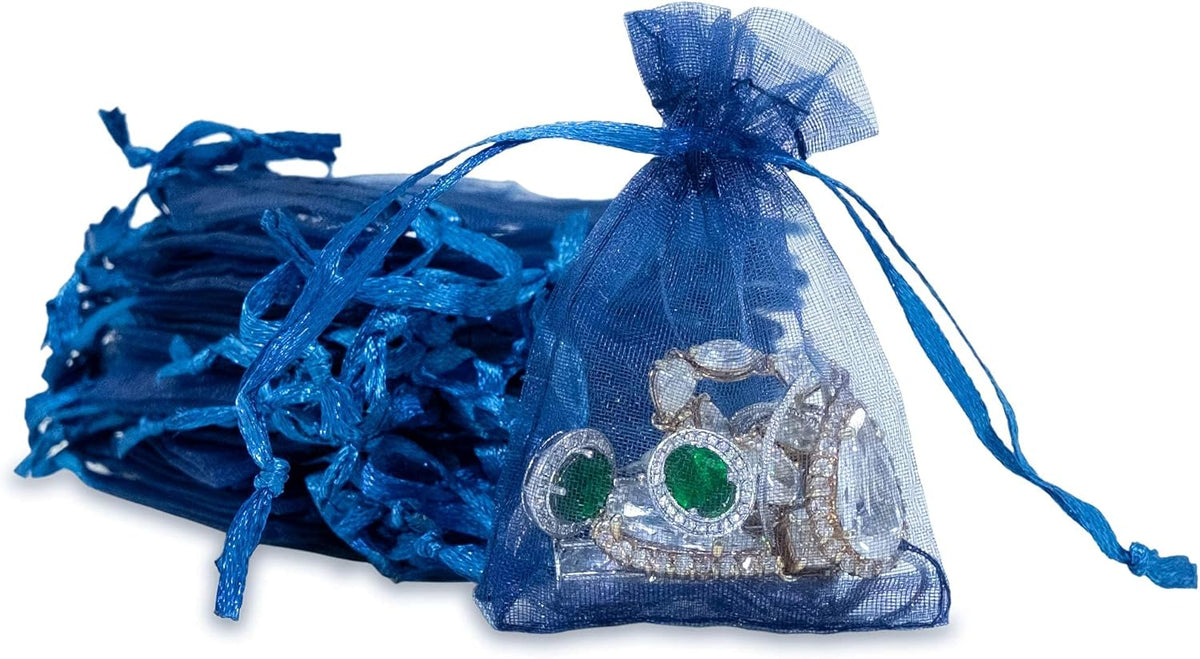 TheDisplayGuys 48-Pack 2" x 2-3/4" Navy Blue Sheer Organza Gift Bags with Drawstring, Jewelry Candy