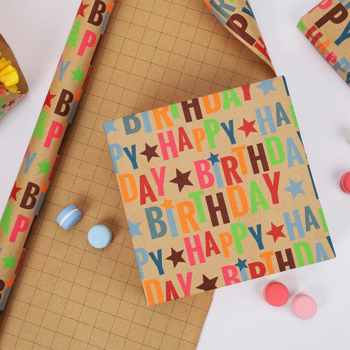 LaRibbons Birthday Wrapping Paper Roll for Kids, 17 Inch x 16.5 Feet Kraft Gift Wrap Paper with