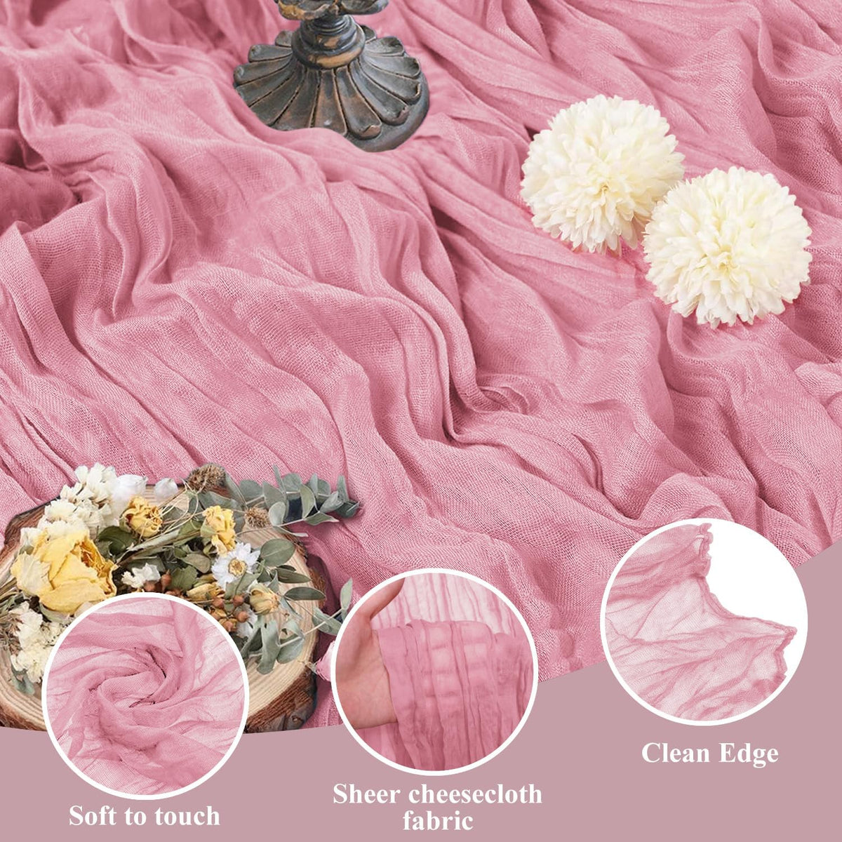 Asee'm 6pcs Cheesecloth Table Runner 120 Inches Long Pink Boho Gauze Cheese Cloth Runner 10FT