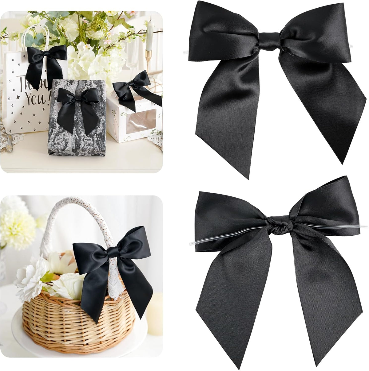 AIMUDI Black Satin Bows 5.5" Bows for Gift Wrapping Satin Twist Tie Bow Premade Ribbon Bow for