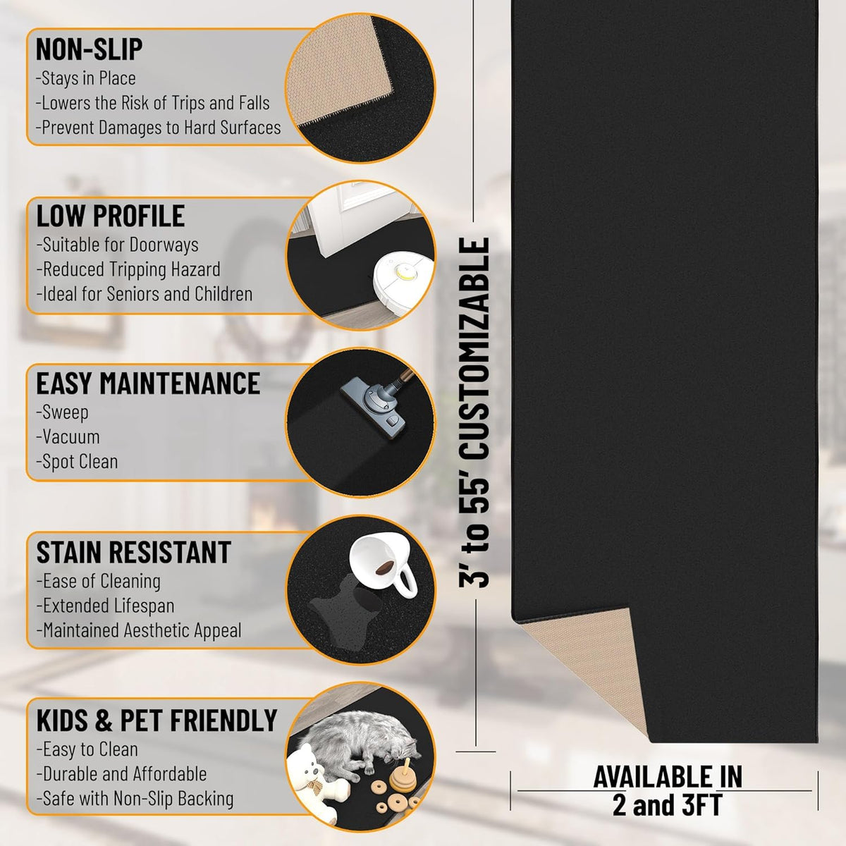Ottomanson 3x20 Non Slip Extra Long Hallway Runner Rug with Rubber Backing - Solid Modern Kitchen