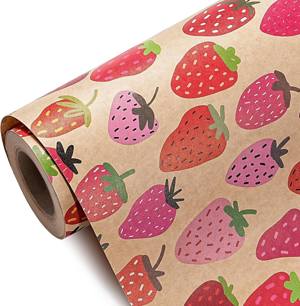 WRAPAHOLIC Kraft Strawberry Wrapping Paper Roll - Mini Roll - 17 Inch x 16.5 Feet - Sweet