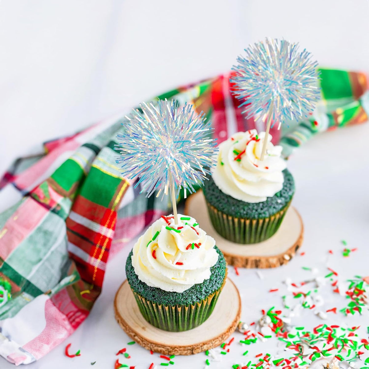 Ephlyn 30Pcs Foil Firework Cupcake Toppers Sparkle Tinsel Cupcake Picks Drink Stirrers Cocktail