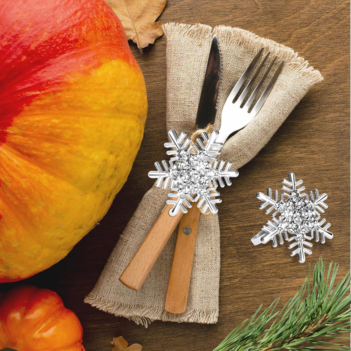 Halatool Christmas Silver Snowflake Napkin Rings Set of 6, Dinner Table Napkin Holder for Christmas