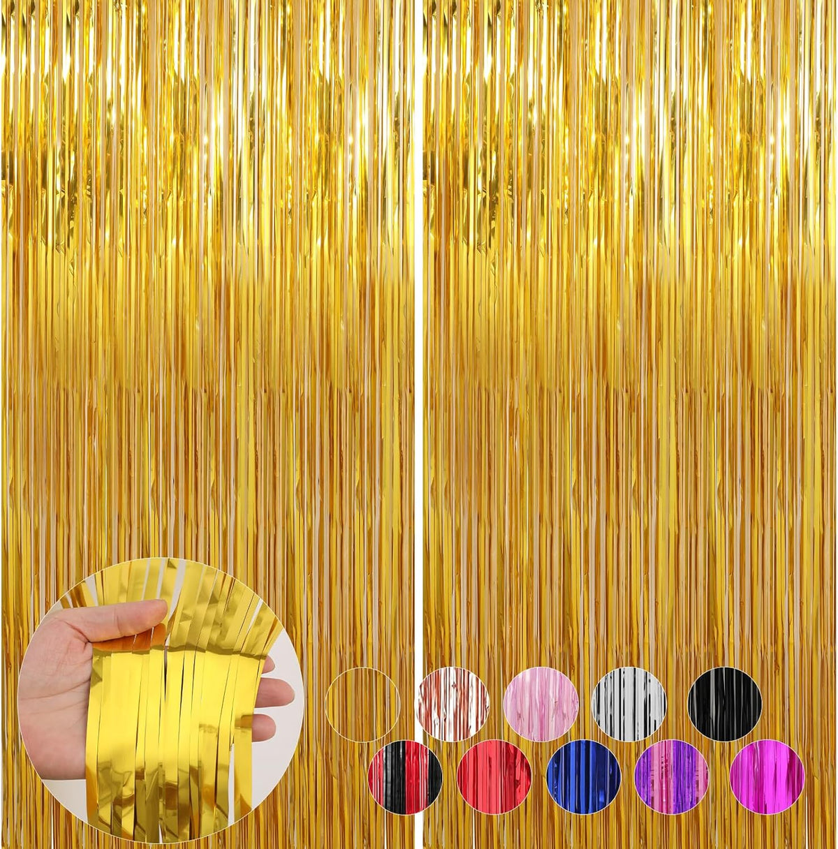 2 Pack Gold Foil Fringe Curtains Streamers Party Decorations 3.3 x 8.2 ft, Gold Tinsel Curtain