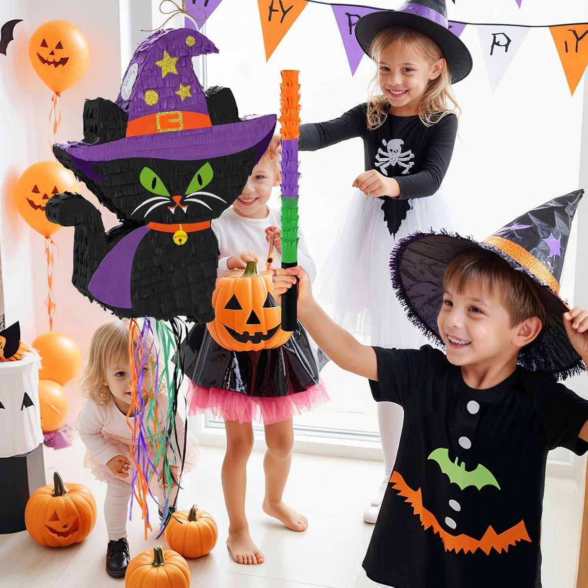 WERNNSAI Halloween Cat Pinata - Halloween Party Decorations Black Cat Pinata Witch Hat for Kids