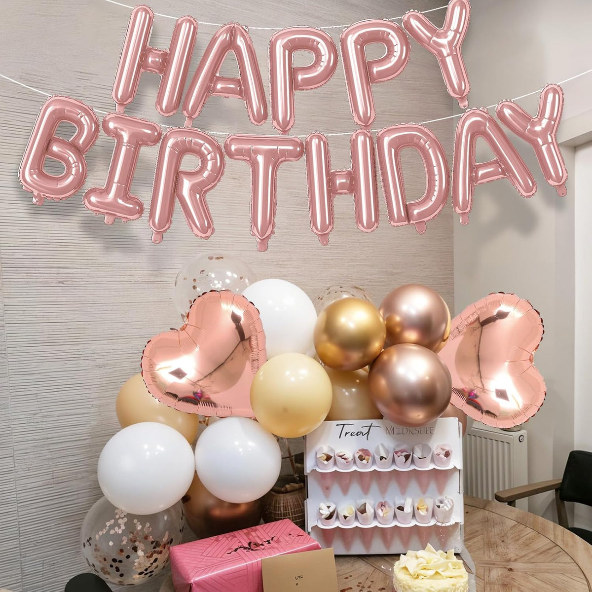 Happy Birthday Balloon Banner Rose Gold, 16 Inch Mylar Letters Rose Gold Heart Foil Balloons Dusty