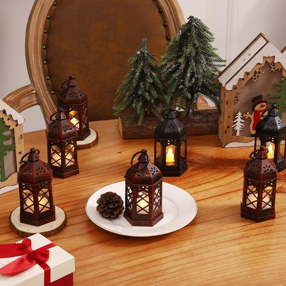 LLQ 12PCS Brushed Red Mini Lantern with LED Tealight for Halloween Decorations, Small Moroccan