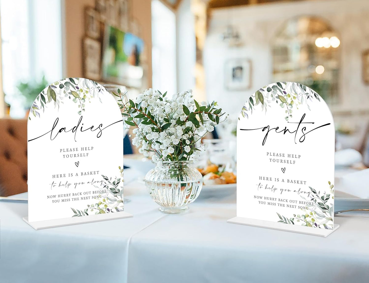 2 Pcs Greenery Wedding Bathroom Ladies & Gents Signs, 6 x 8 Inch White Arch Acrylic Wedding Sign