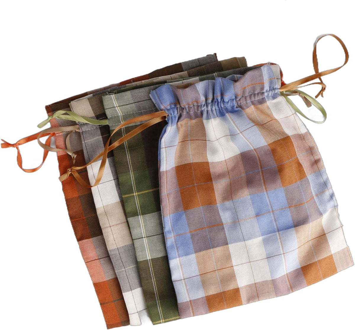 Large Fall Burlap Bags with Drawstrings - Orange Buffalo Plaid, Sage Green Gingham - Reusable Brown