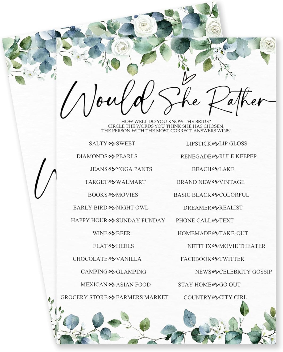 He Said She Said - Botanical Bridal Shower Game Cards - 50 Pcs Eucalyptus Leaves Game Cards - Funny