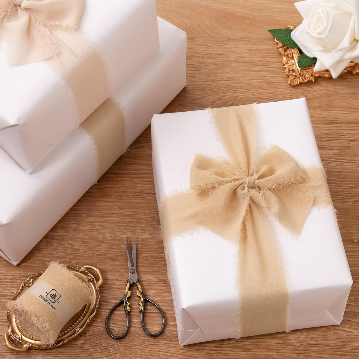 DORIS HOME Nude Chiffon Ribbon for Flower Bouquet, 2" x21Yd Fabric Ribbon for Gift Wrapping