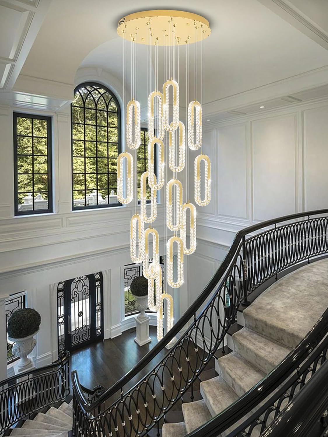 H138 Large Chandelier for High Ceiling,Modern 16-Rings Crystal Chandeliers for Entryway,Gold