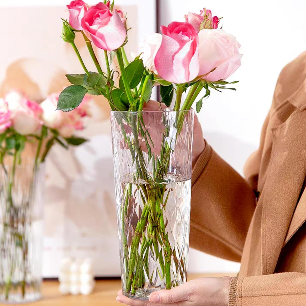 2 Clear Crystal Plastic Flower Vase, 10.2" Acrylic Rose Bouquet Vases for Home Decor Centerpieces