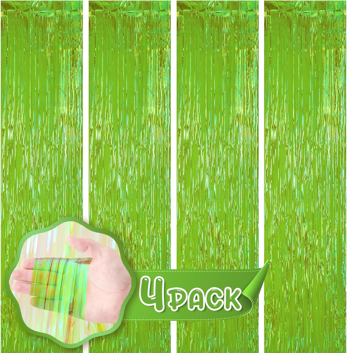 4 Pack 3.3x8.2 Feet Neon Green Foil Fringe Backdrop Curtains, Tinsel Streamers Birthday Party