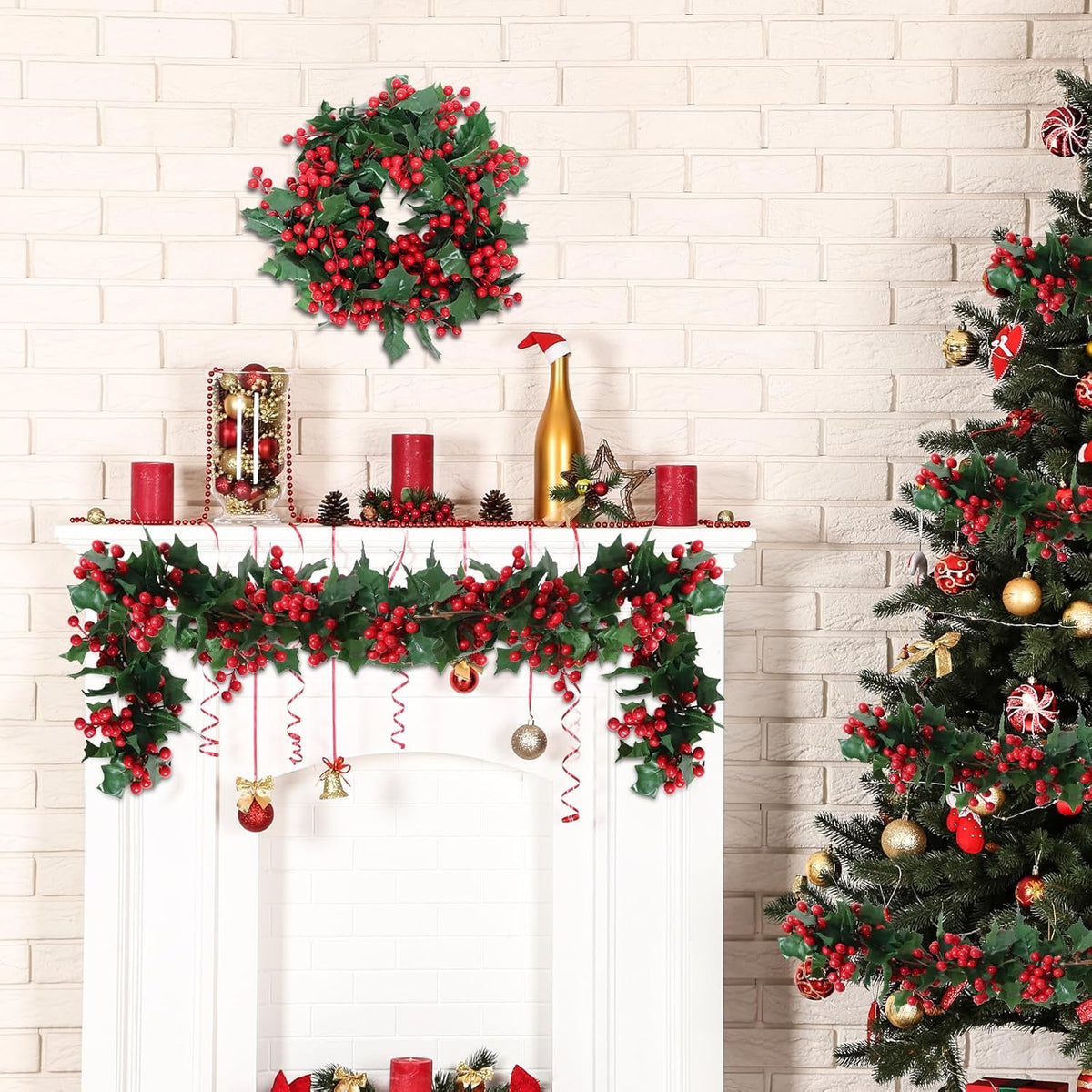 Uguisu 5.6ft Red Artificial Christmas Garland,Eucalyptus Green Garland with Berry Flower