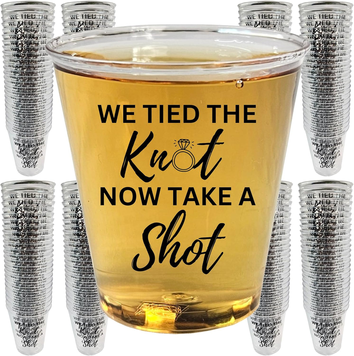 Disposable Plastic Wedding Shot Glasses, 200 Pack, 'We Tied the Knot Now Take a Shot' with Ring
