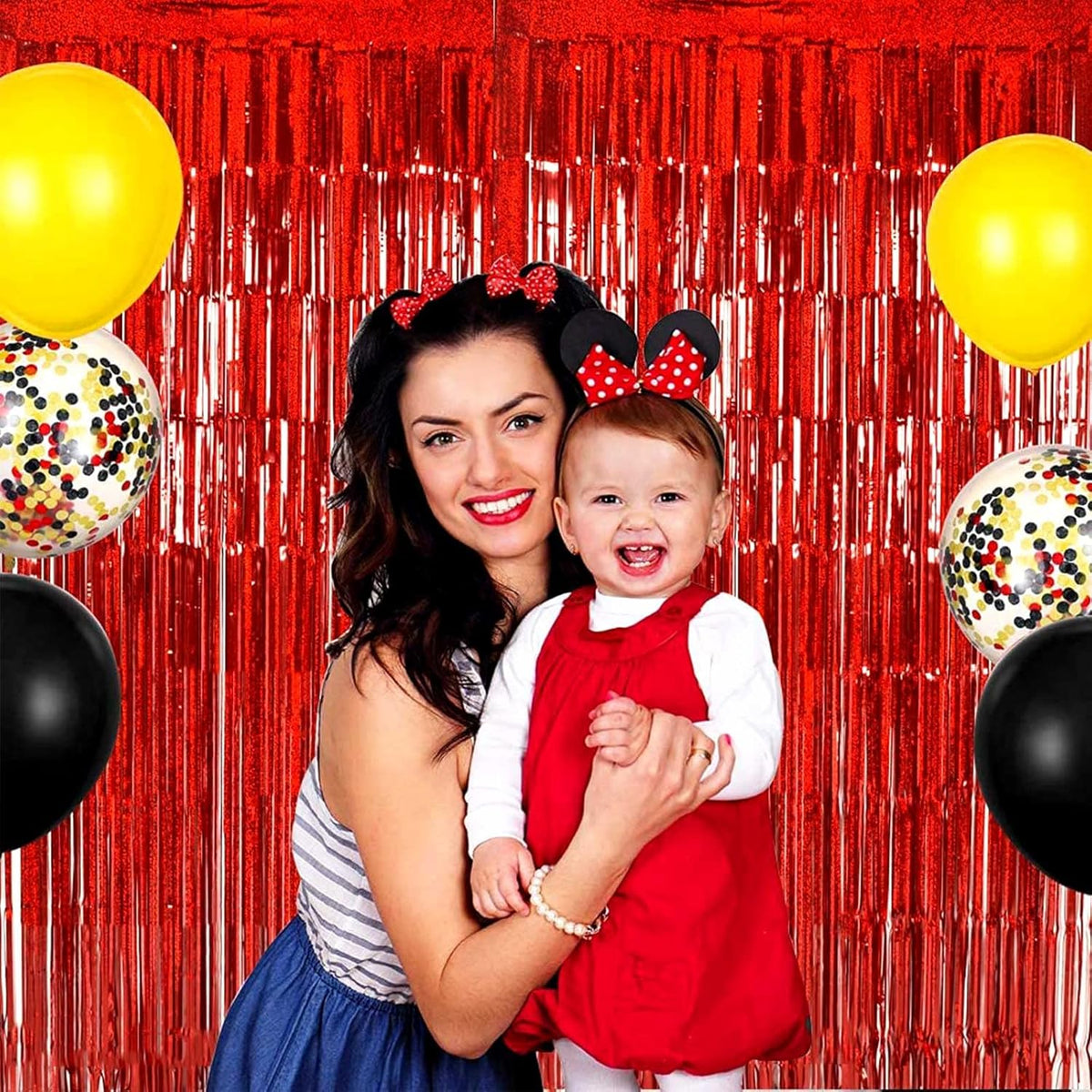4 Pack Red Tinsel Foil Fringe Curtain Backdrop, 3.28Ft x 8.2Ft Metallic Streamers for Photo Booth