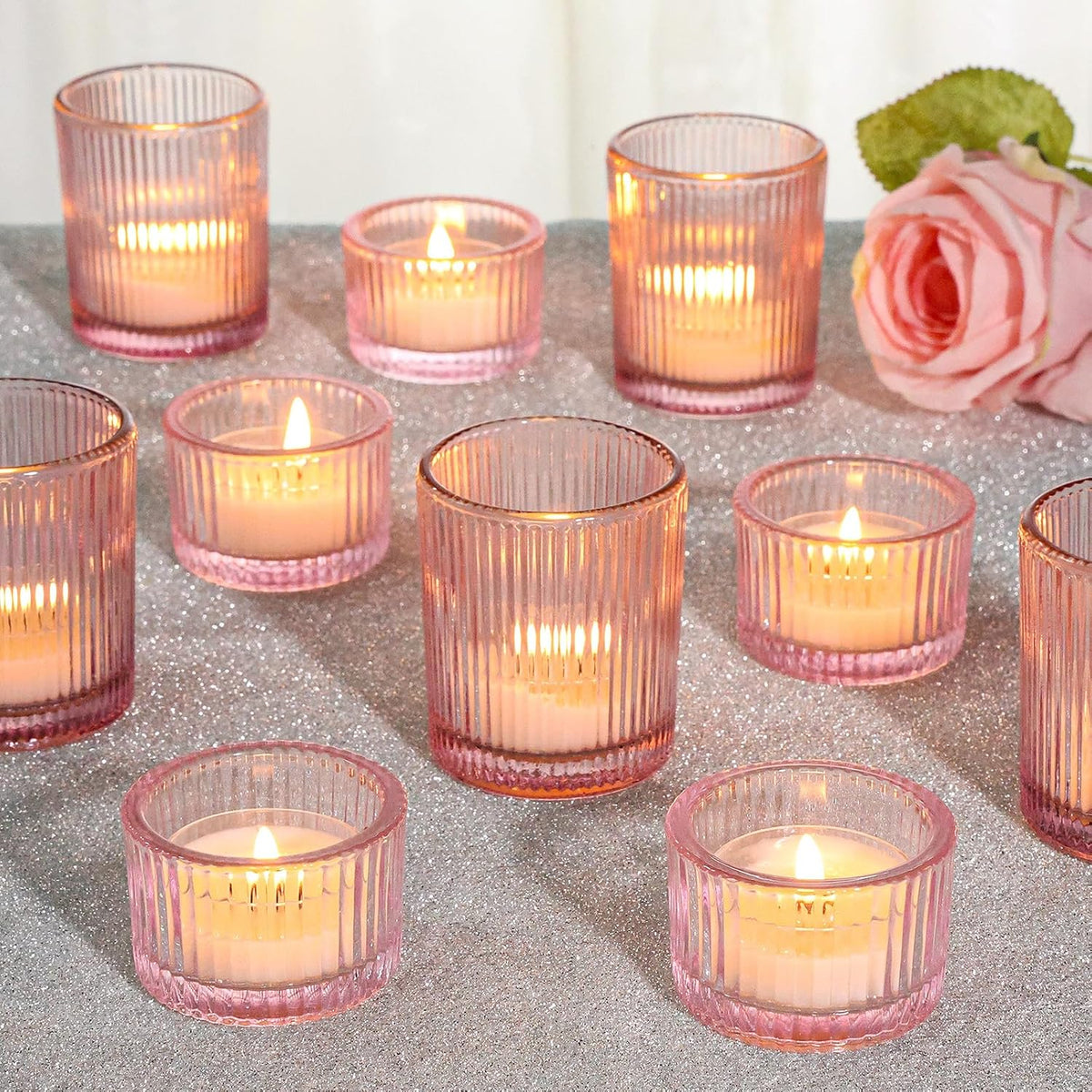 24 Pcs Glass Votive Candle Holders – Assorted Ribbed Pink Tea Light Holders Bulk for Weddings, Baby