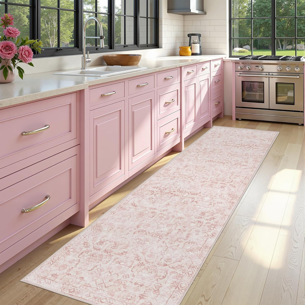 Pink 3x12 Runner Rug for Hallways Bed Side Kitchen, Boho Washable Distressed Low-Pile Floor