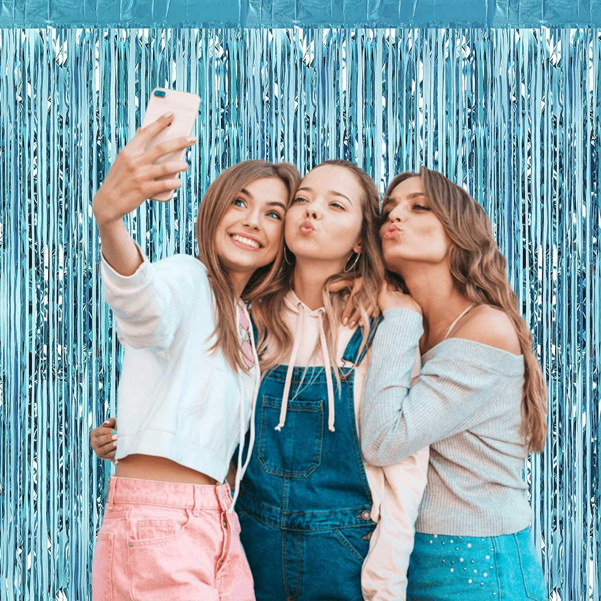 4 Pack Light Blue Foil Fringe Curtain Backdrop, 3.3Ft x 9.8Ft Metallic Tinsel Foil Fringe Streamers