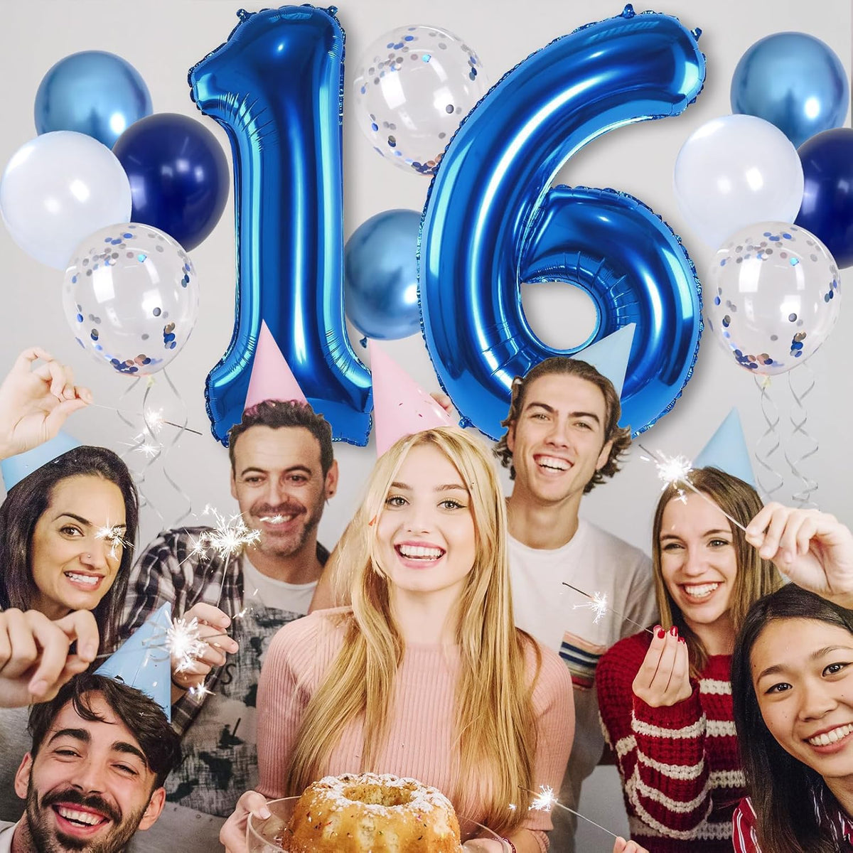 16 Balloon Number Blue, Big Number 16 Balloon Pastel Navy Dark Blue with Metallic Silver Confetti