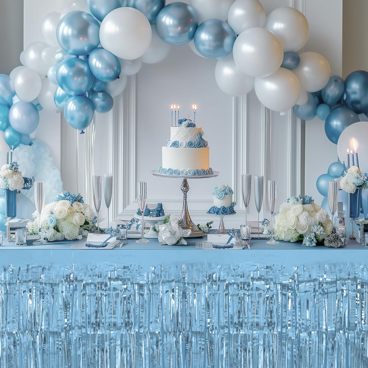 2 Pack Light Blue Light Purple Table Skirts, 29x108" Metallic Foil Tinsel Fringe Table Skirt for