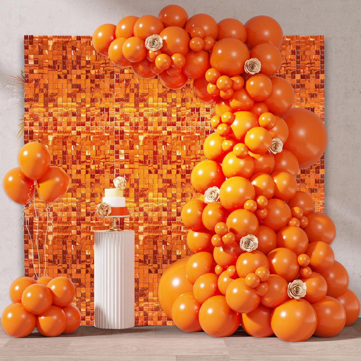 12PCS Orange Shimmer Wall Backdrop, Laser Square Sequin Photo Backdrops Panel, Glitter Wall