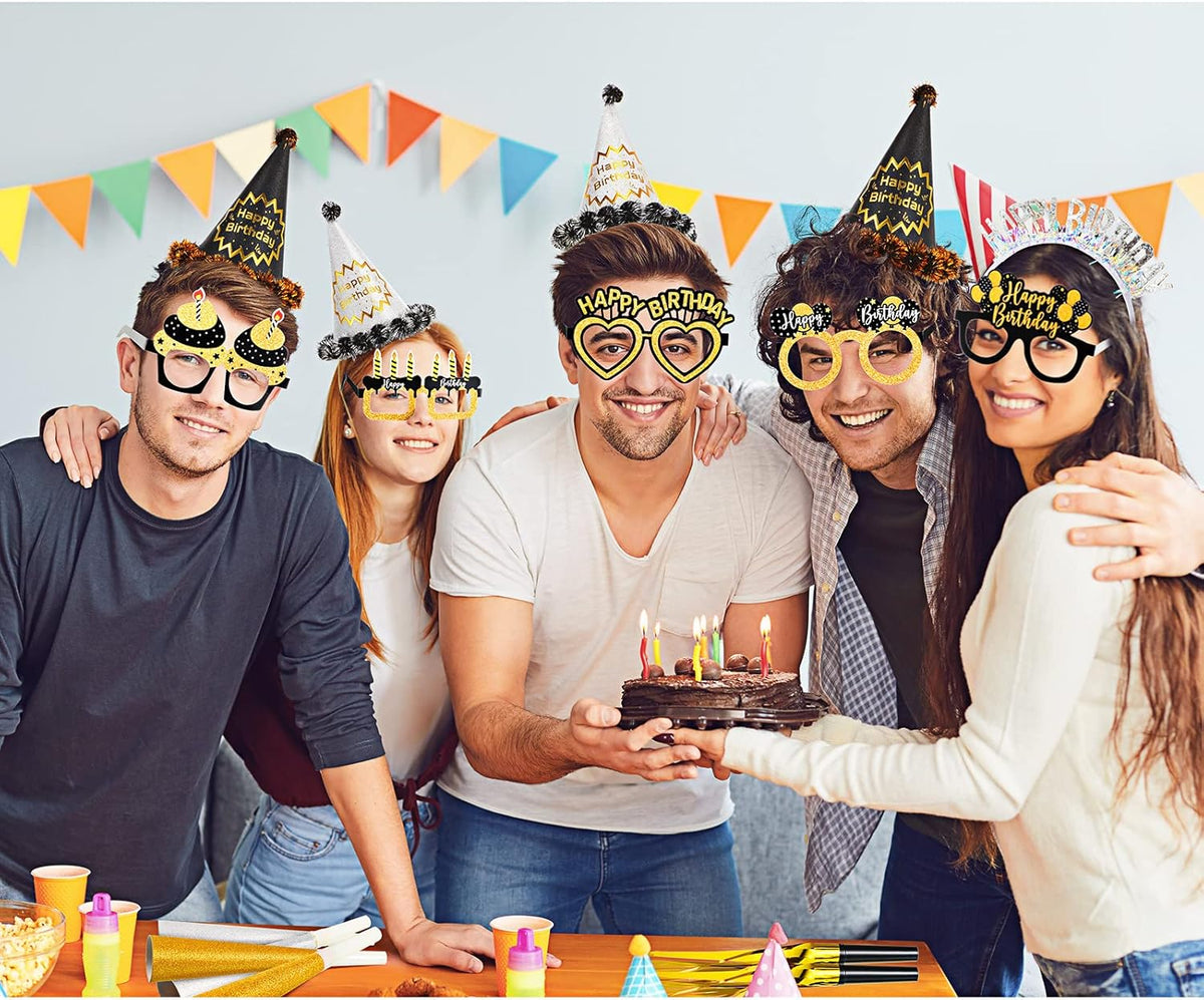 Sratte 36 Pcs Black Gold Style Birthday Party Favors Set Happy Birthday Hat Headband Glasses Noise