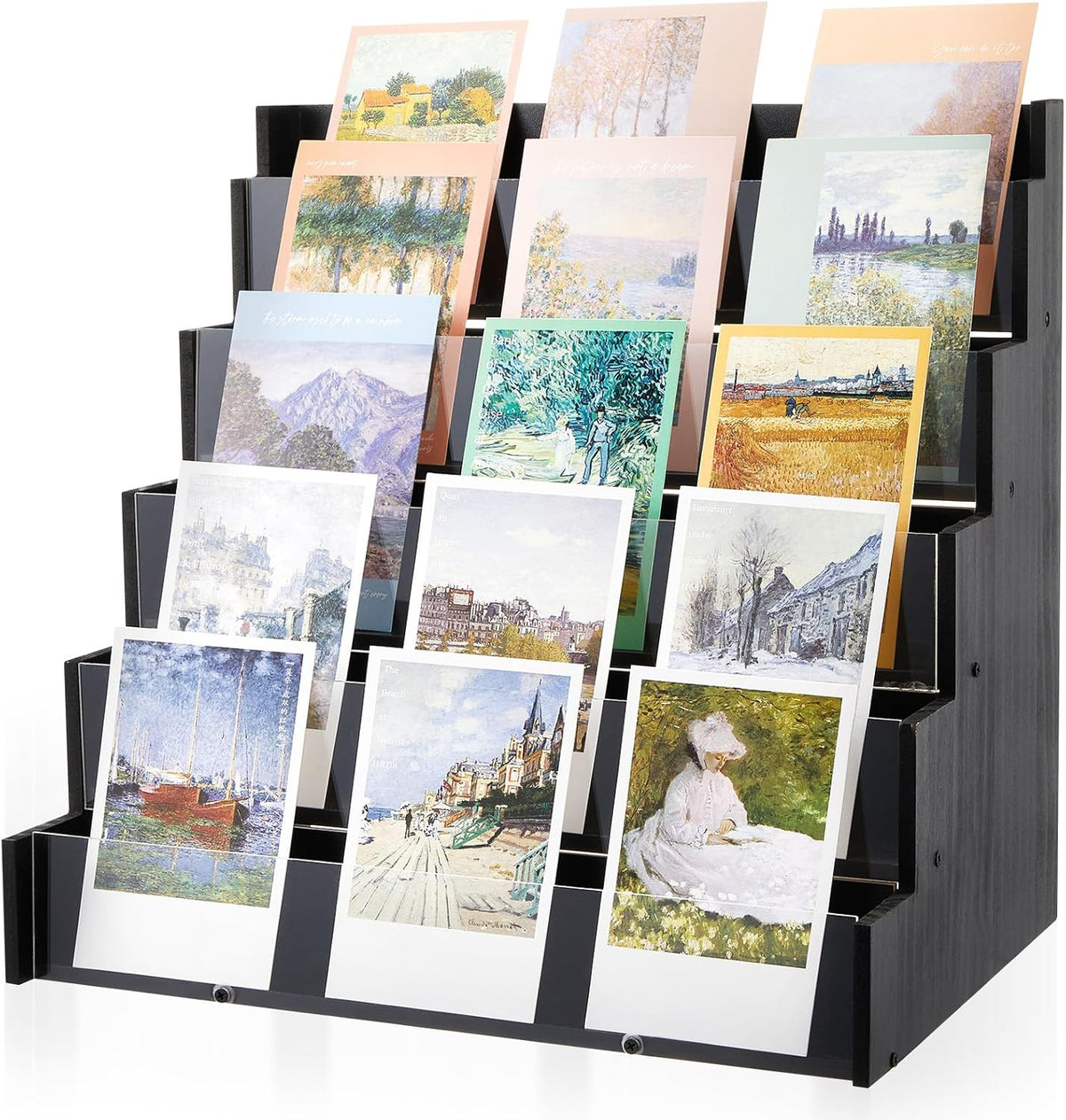 5 Tier Greeting Card Display Stand Black Bamboo and Acrylic Sticker Display Stand Trading Card