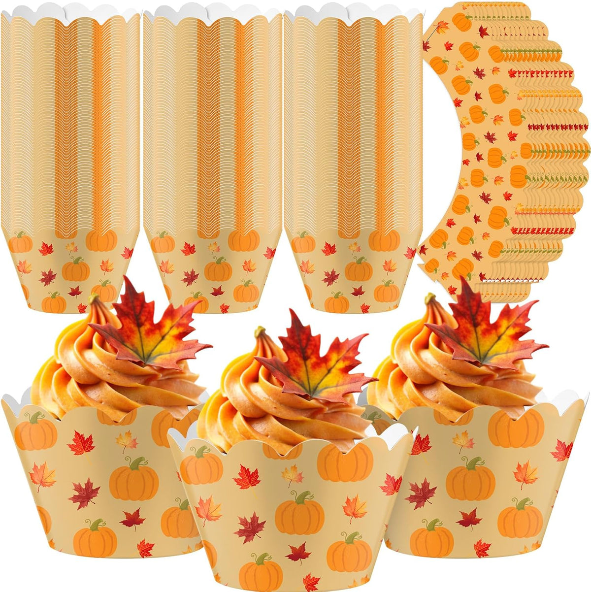 Domensi 100 Pcs Fall Pumpkin Maple Leaf Cupcake Wrappers Rustic Cupcake Liners Thanksgiving Baking