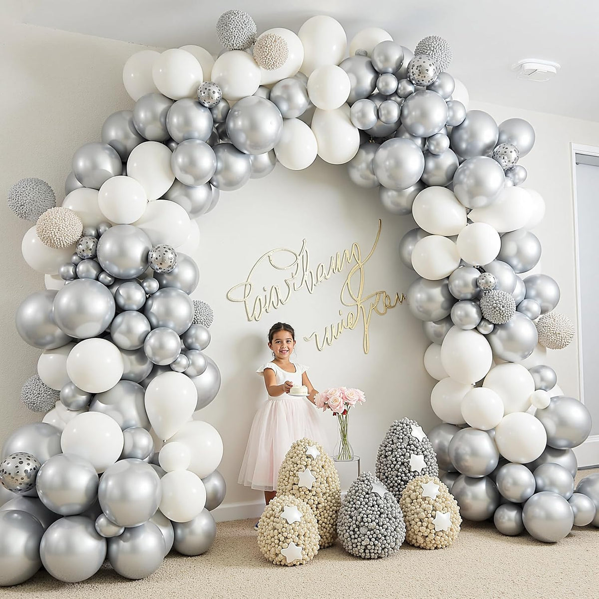 412Pcs White and Silver Balloons Arch Kit, 18 12 10 5 Inch White Metallic Silver Latex Balloon for