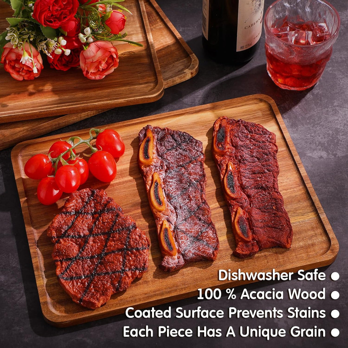 Roowest 5 Pack Solid Acacia Wood Serving Trays for Laser Engraving Rectangular Wooden Board for