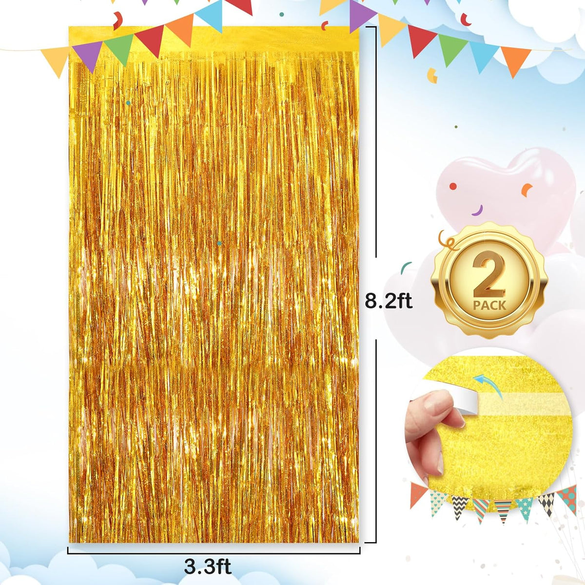 2Pack 3.3 x 8.3 Ft Gold Party Streamers, Tinsel Streamers Birthday Party Decorations, Fringe