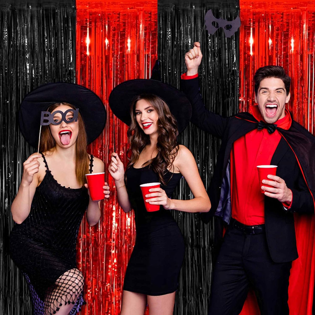 3 Pack Black and Red Foil Fringe Curtains Backdrop, 3.28 x 9.8 Ft Metallic Streamers Tinsel