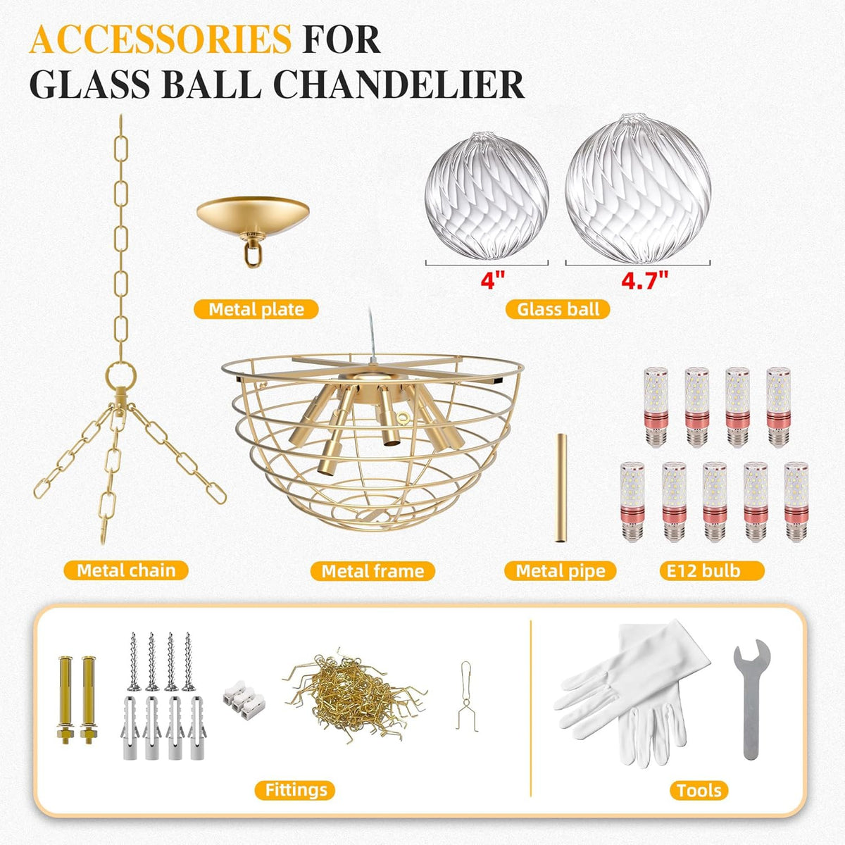 Nordic Bubble Ball Swirled Glass Chandelier, Diam 31" Gild Gold and Clear Modern Hand Blown Glass
