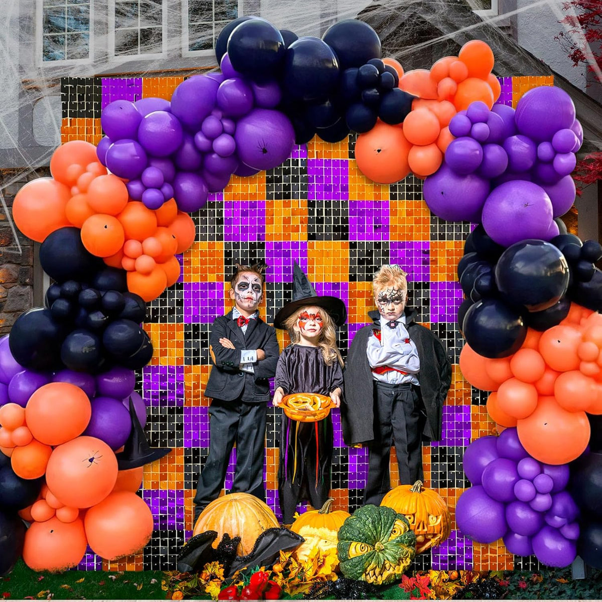 24PCS Black Orange Purple Shimmer Wall Backdrop, Halloween Square Sequin Photo Backdrops Panel