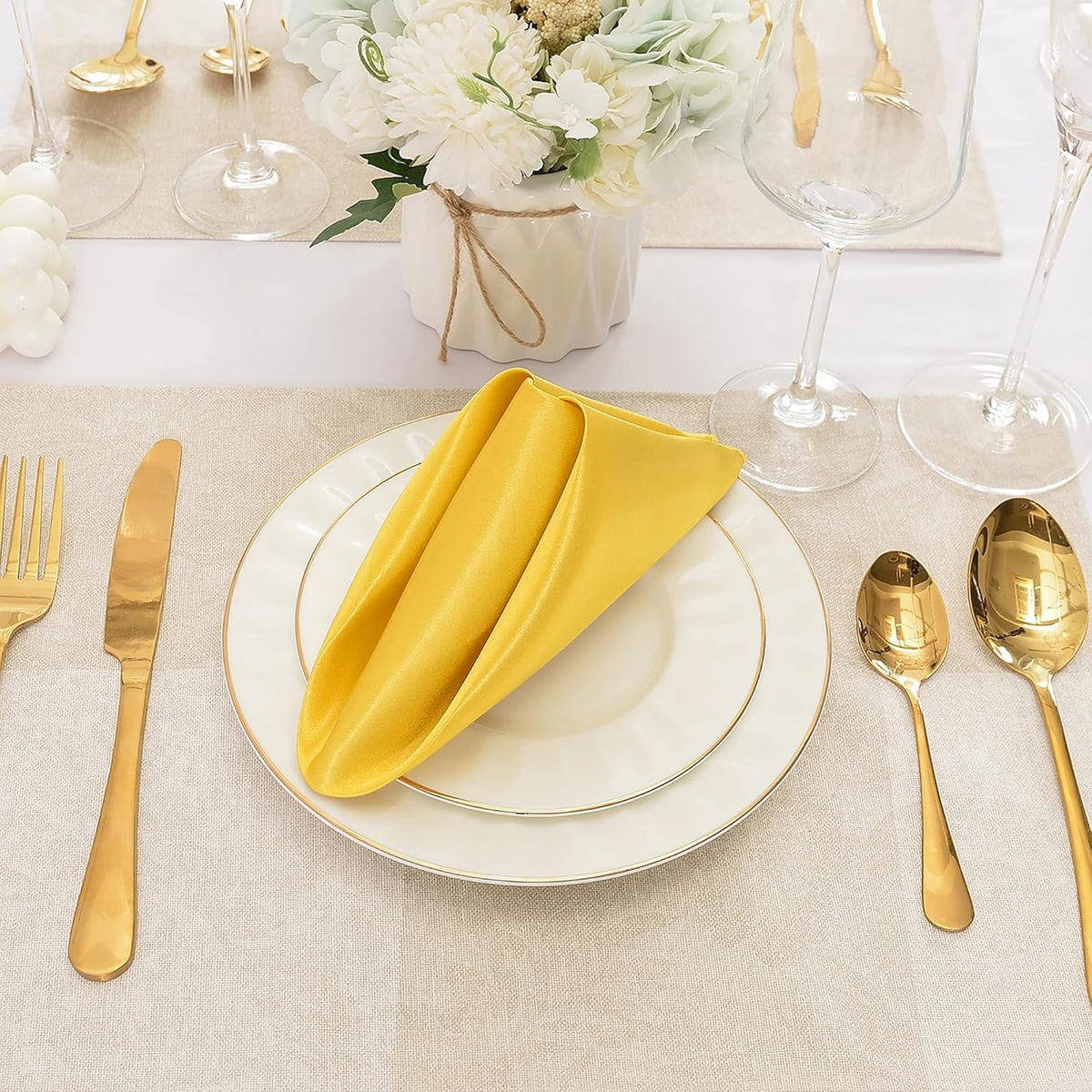 50 Pieces Gold Satin Napkins, 17" x 17" Square Table Napkins, Silky Soft Smooth Washable Napkins