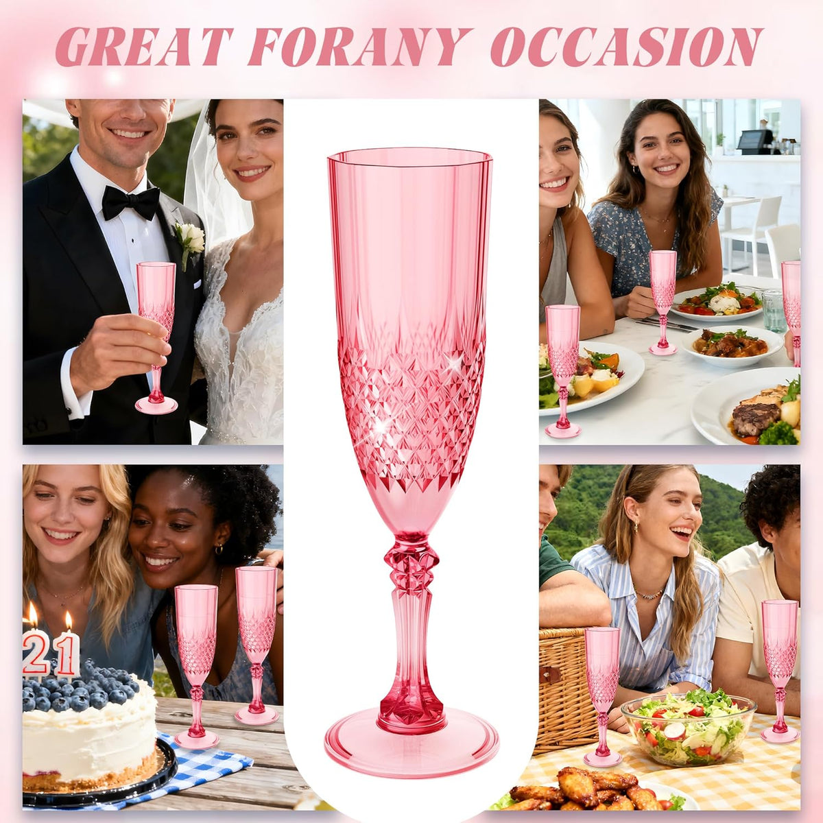 Plastic Champagne Flutes, 24PCS Red Wine Glasses Goblets Cups Reusable Flute, for Weddings Bachelor