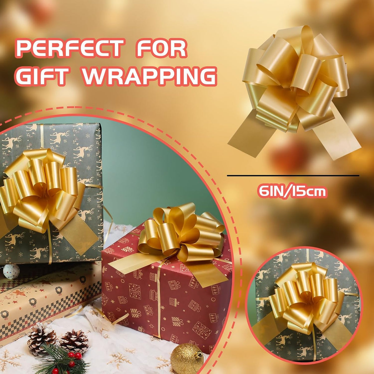 6 Pcs 6 Inch Golden Pull Bows, Perfect for Gift Wrapping, Gift Wrapping Baskets Wedding Christmas