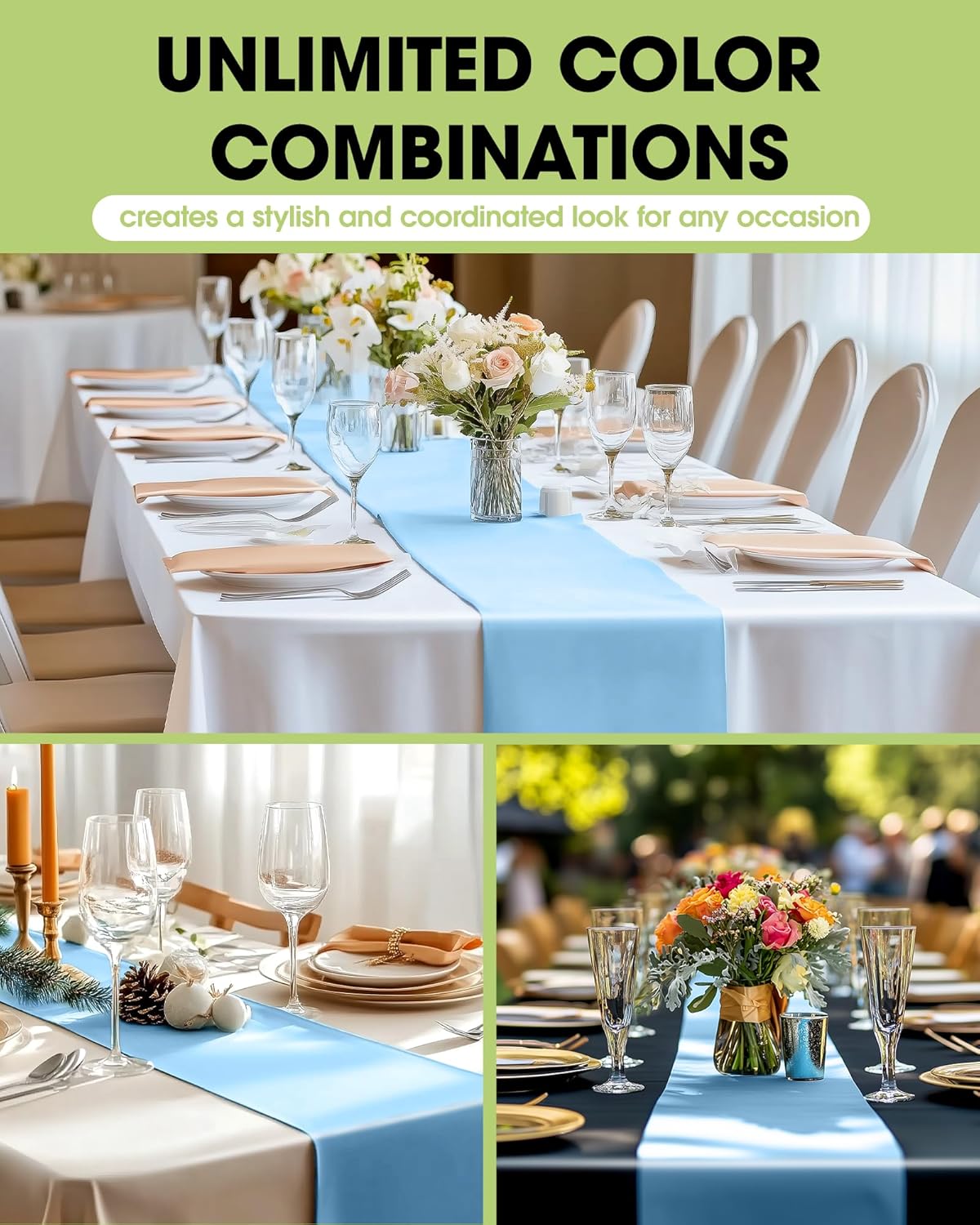 Pureegg Light Blue Plastic Table Runners - 10 Pack, 14'' x 108'', Water Resistant & Disposable