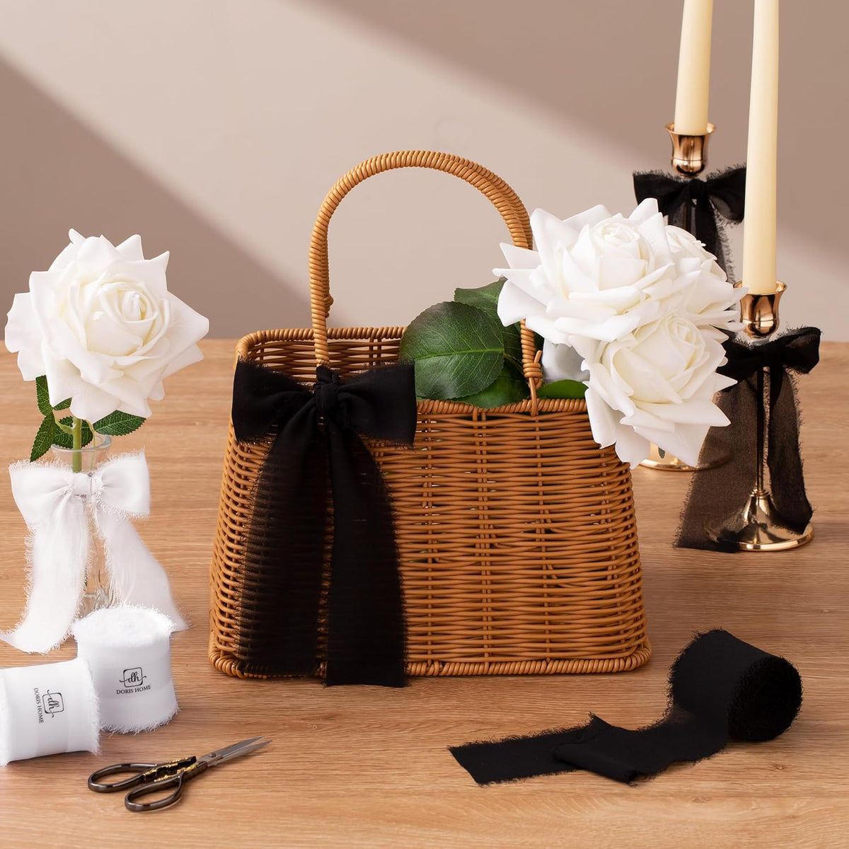 DORIS HOME 2" x21Yd Chiffon Ribbon for Flower Bouquet, Black & White Fabric Ribbon for Gift